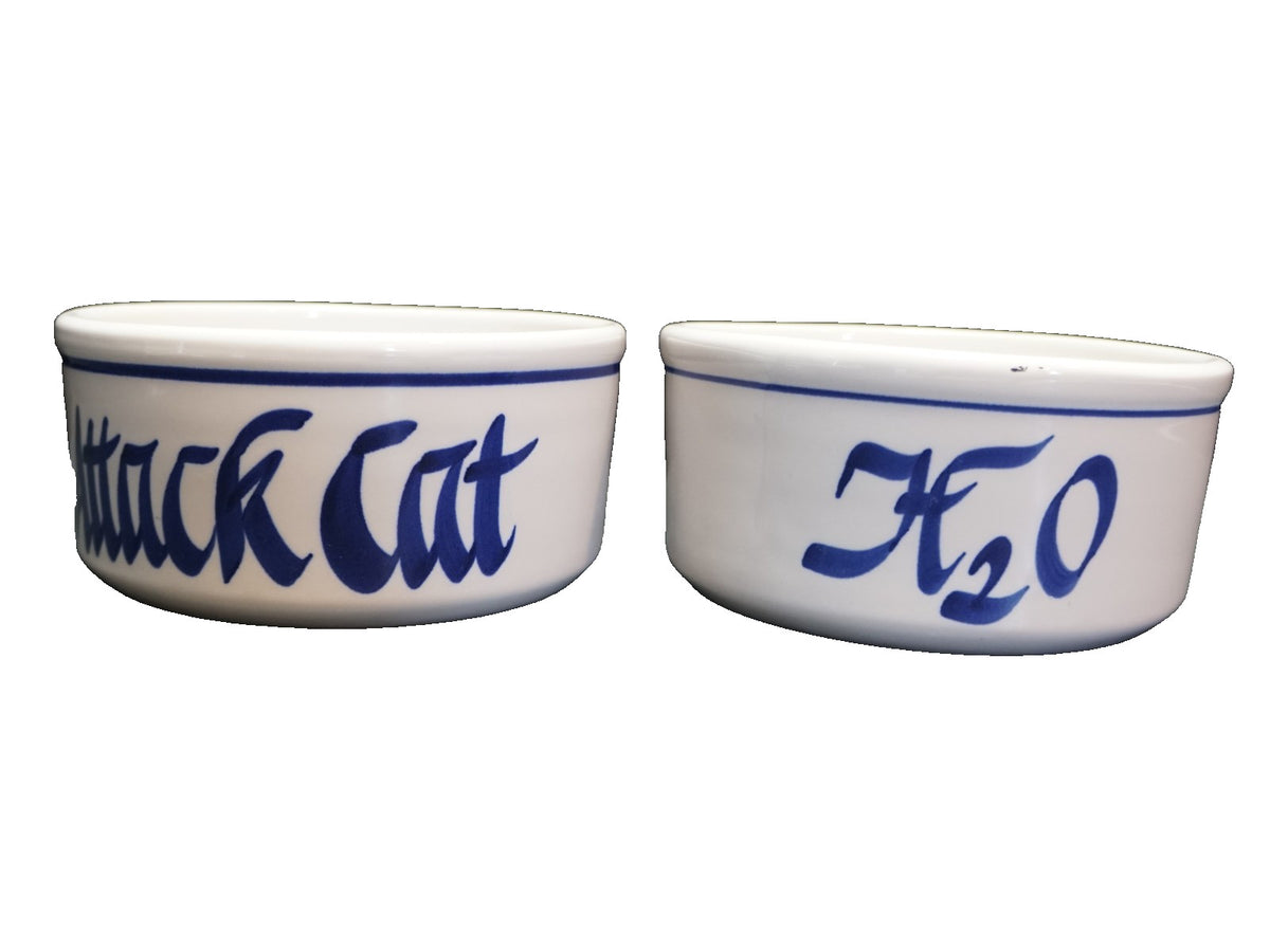 Attack Cat H2O Cobalt on White Hand Painted Stoneware Cat Bowls