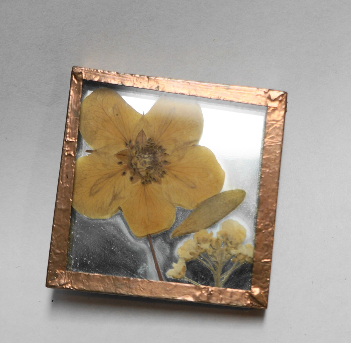 Copper Frame Dried Pressed Flower Square Glass Pin Brooch