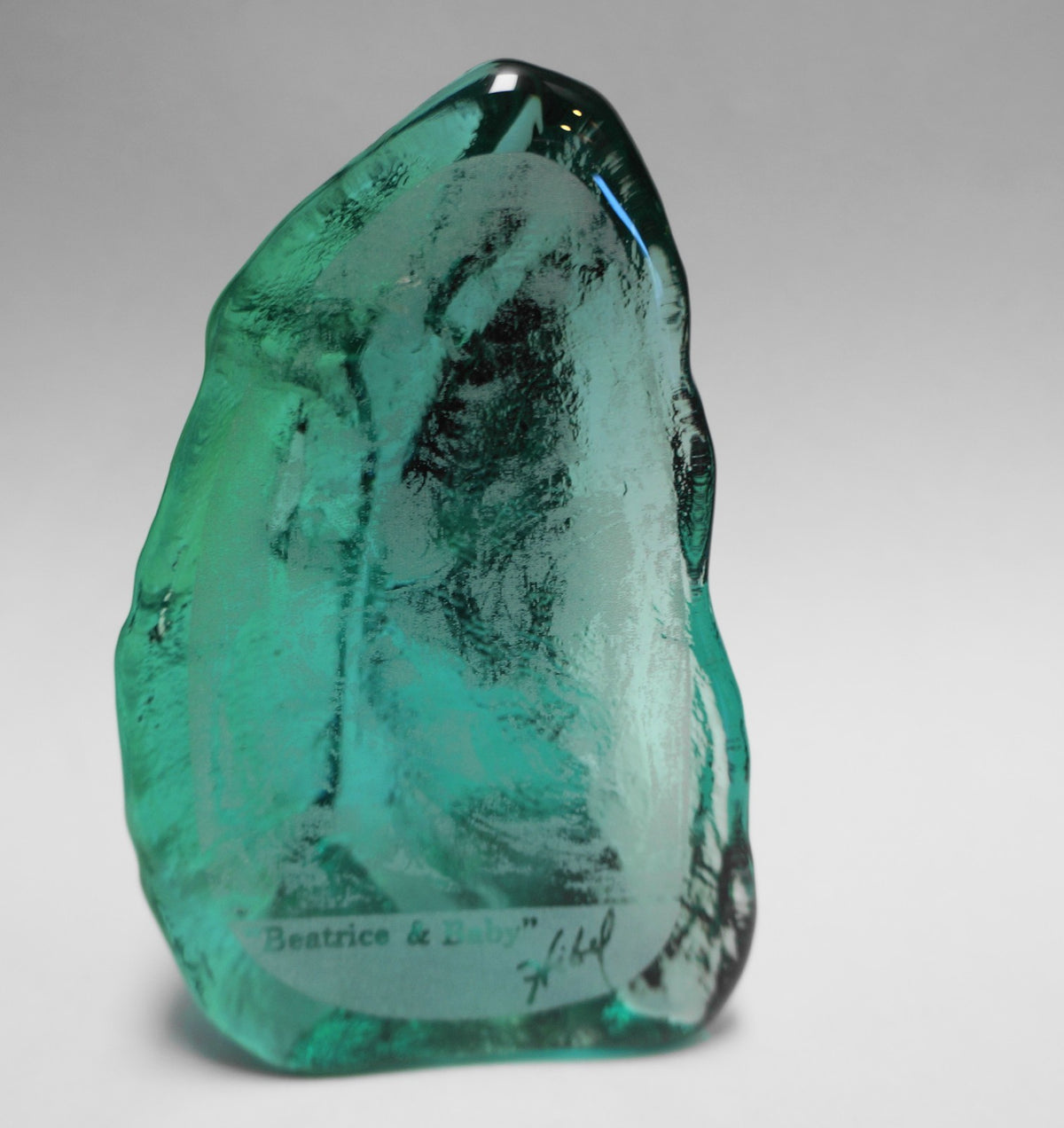Edna Hibel Breatrice & Baby Frosted Green Glass Paperweight