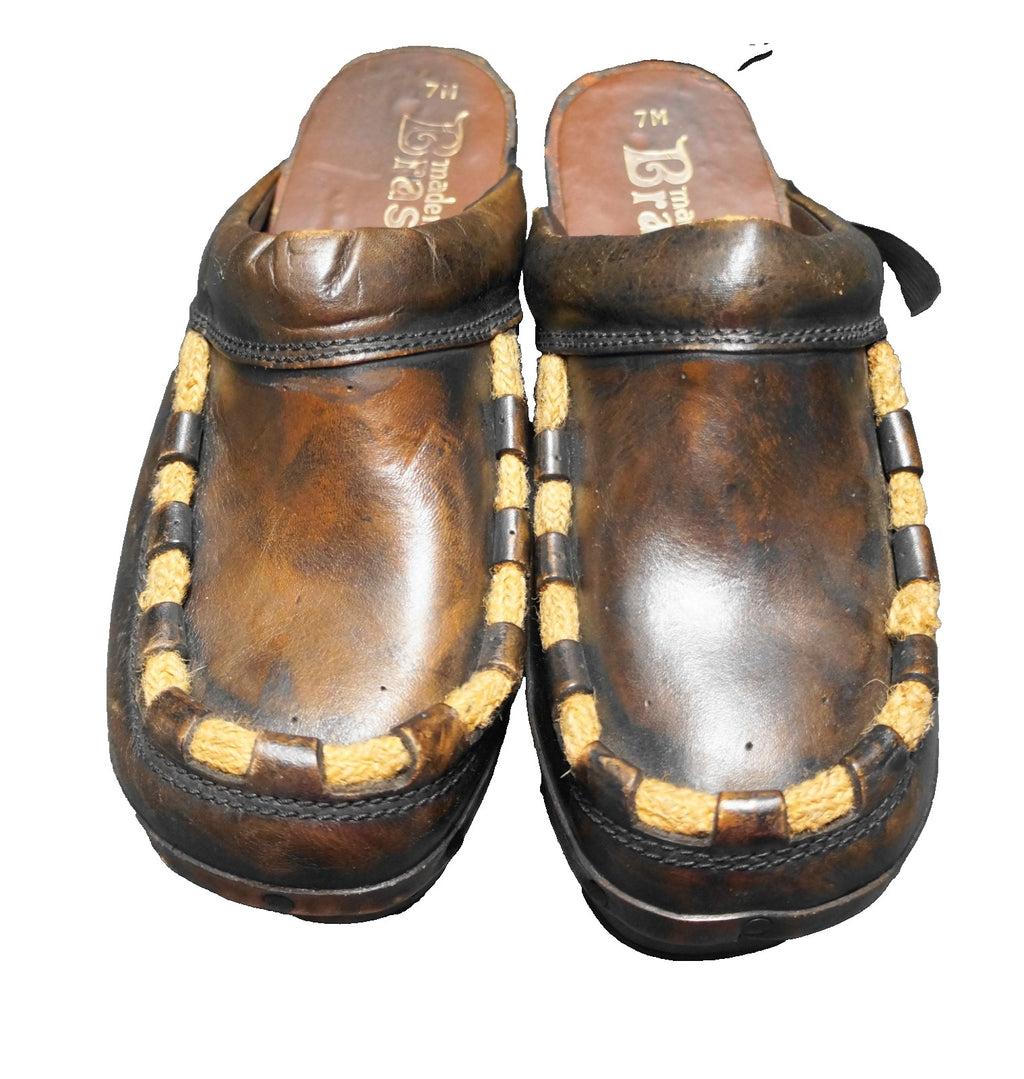 Vintage Wood Leather Dark Brown Clogs Women 7M Made in Brazil