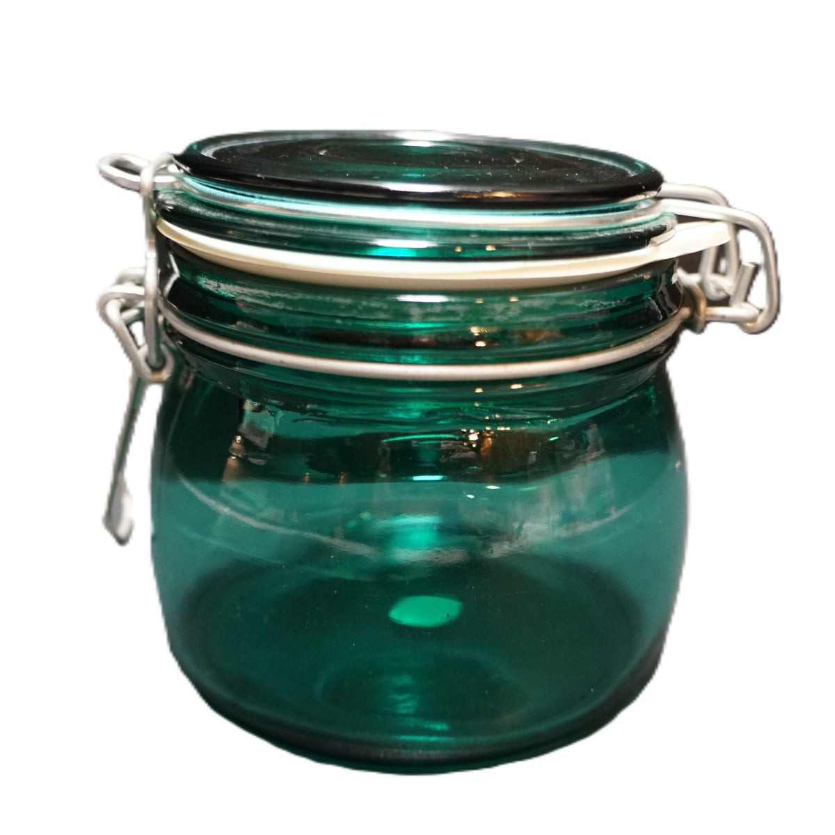 Teal Emerald Green Glass Short Canister Jar Wire Bale
