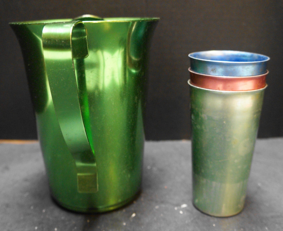 Green Aluminum Pitcher Three Colored Tumblers Set