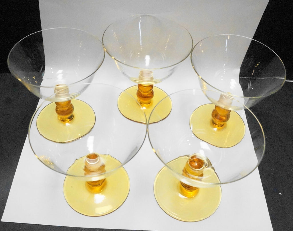 Amber Ball Stem Clear Bowl Blown Glass Sherbets Set of 5