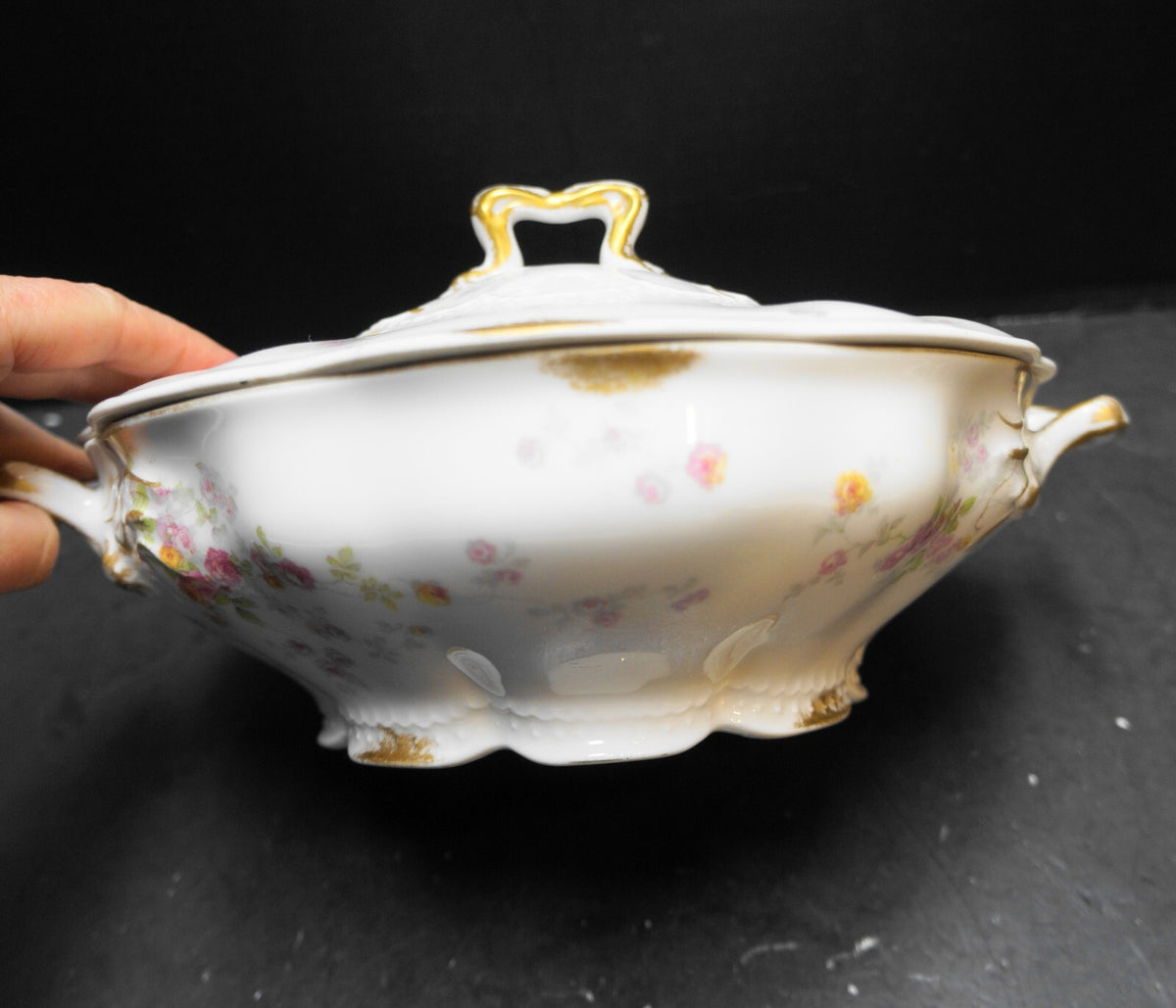 Charles Ahrenfeldt Limoges France Pink Roses Covered Round Vegetable Dish