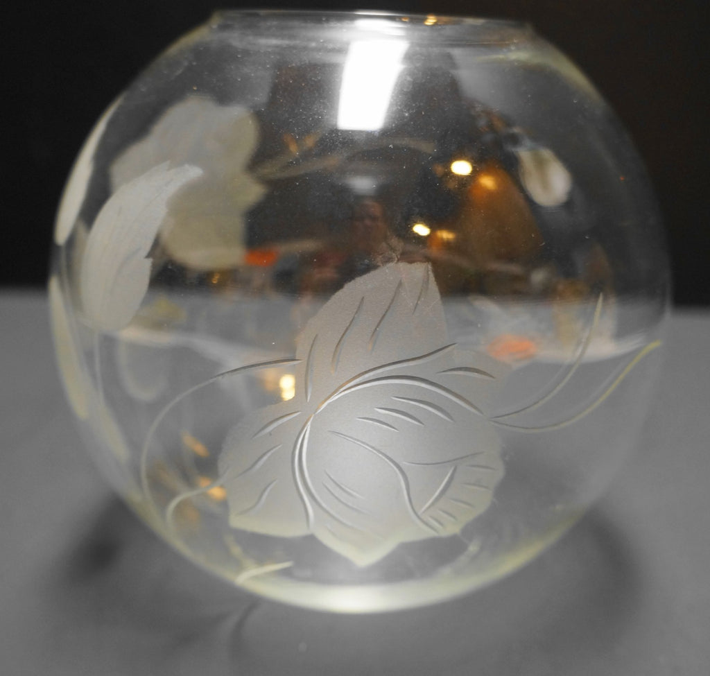 Clear Glass Etched Cut Rose Flower Leaves Rose Bowl 5 IN