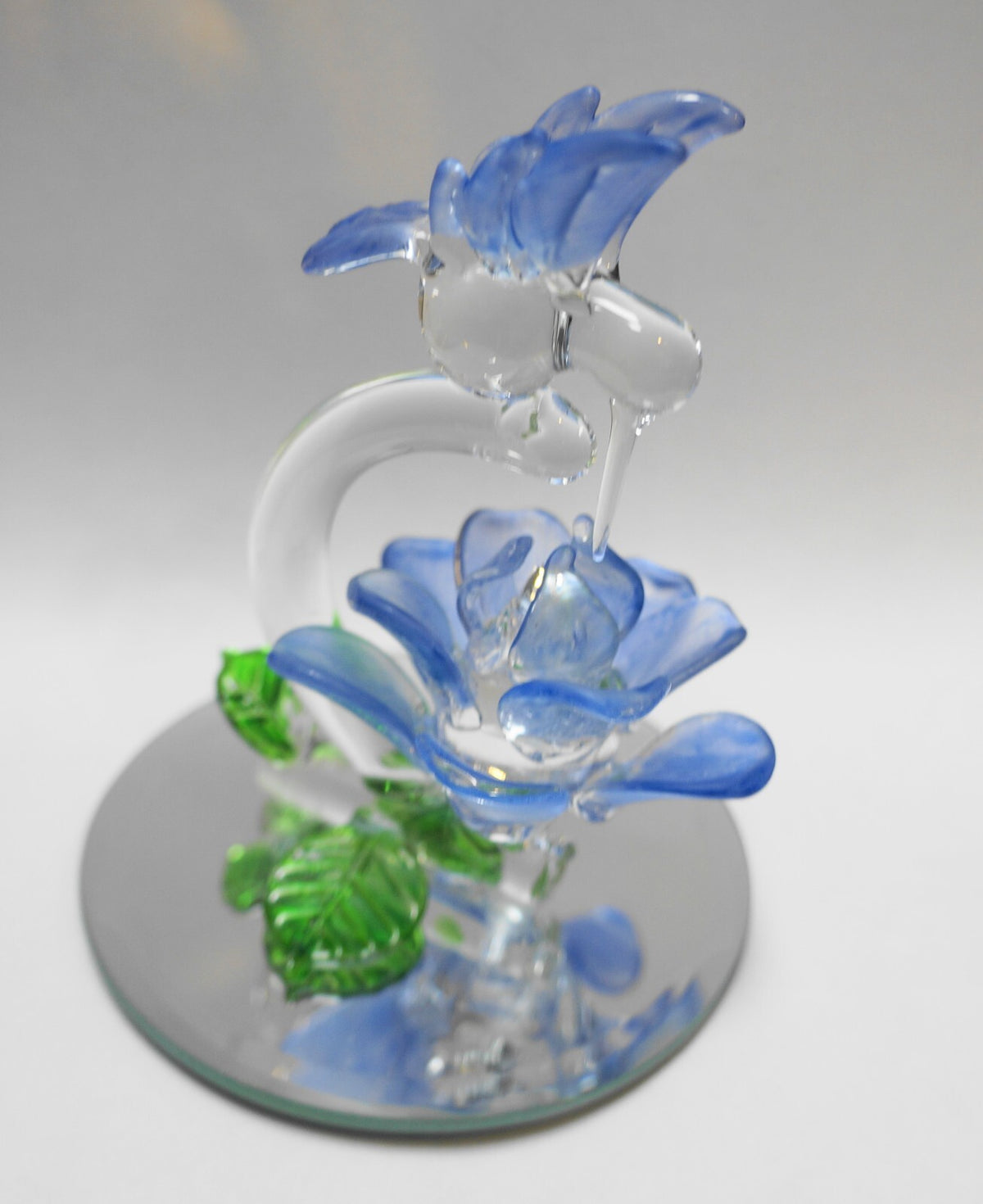 Vintage Blown Art Glass Hummingbird Blue Frosted Flower Figurine on Mirror Base
