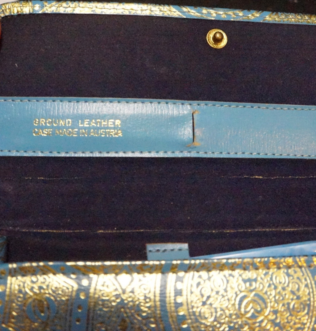 Vintage Art Deco Manicure Set Blue Handles Ground Leather Case Austria