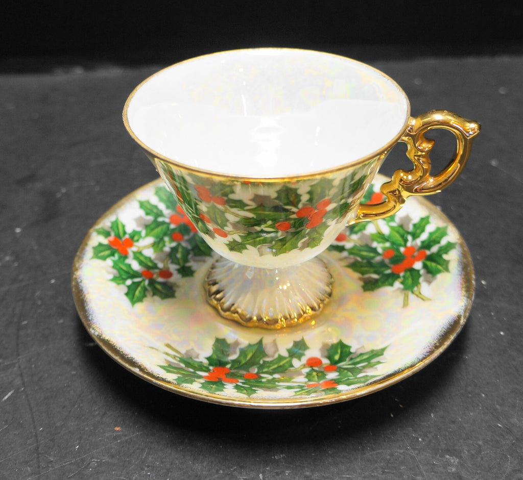 Ucagco December Holly Lusterware Cup Saucer 1950s