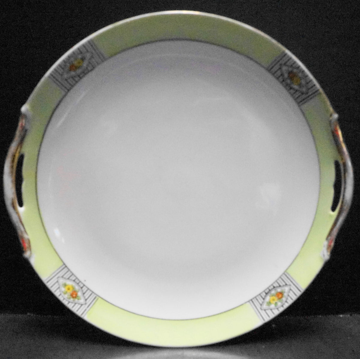 Noritake Morimura Art Deco Cake Plate Green Rim Flowers