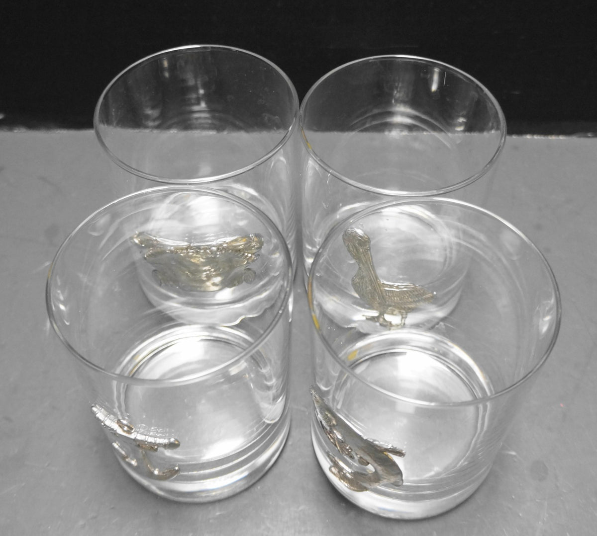 Maurice Milleur Fine Pewter Glass Tumblers Set of 4 Crab Pelican Catfish Anchor