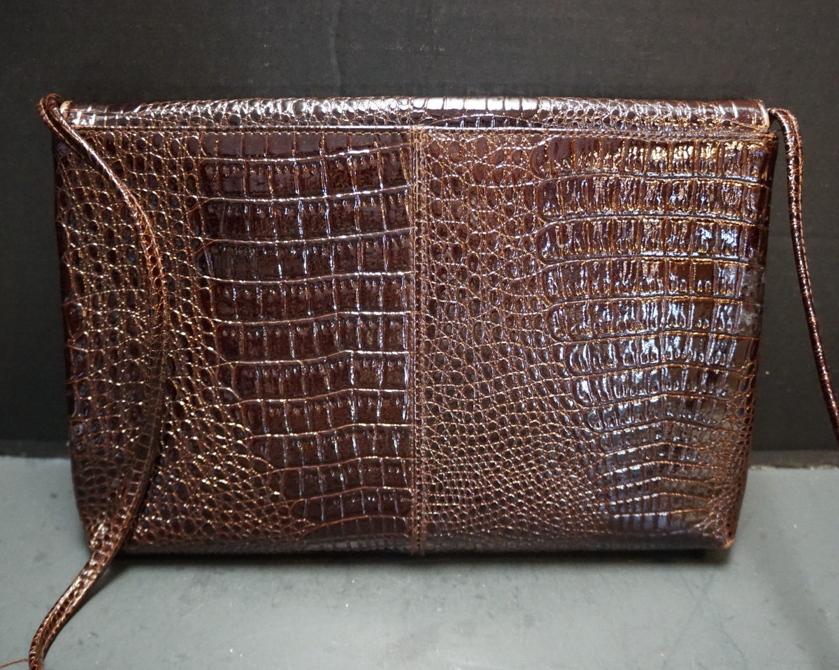 Dark Brown Moc Crock Patent Imitation Leather Shoulder Bag Purse Taiwan