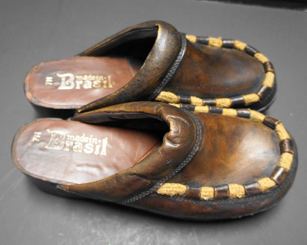 Vintage Wood Leather Dark Brown Clogs Women 7M Made in Brazil