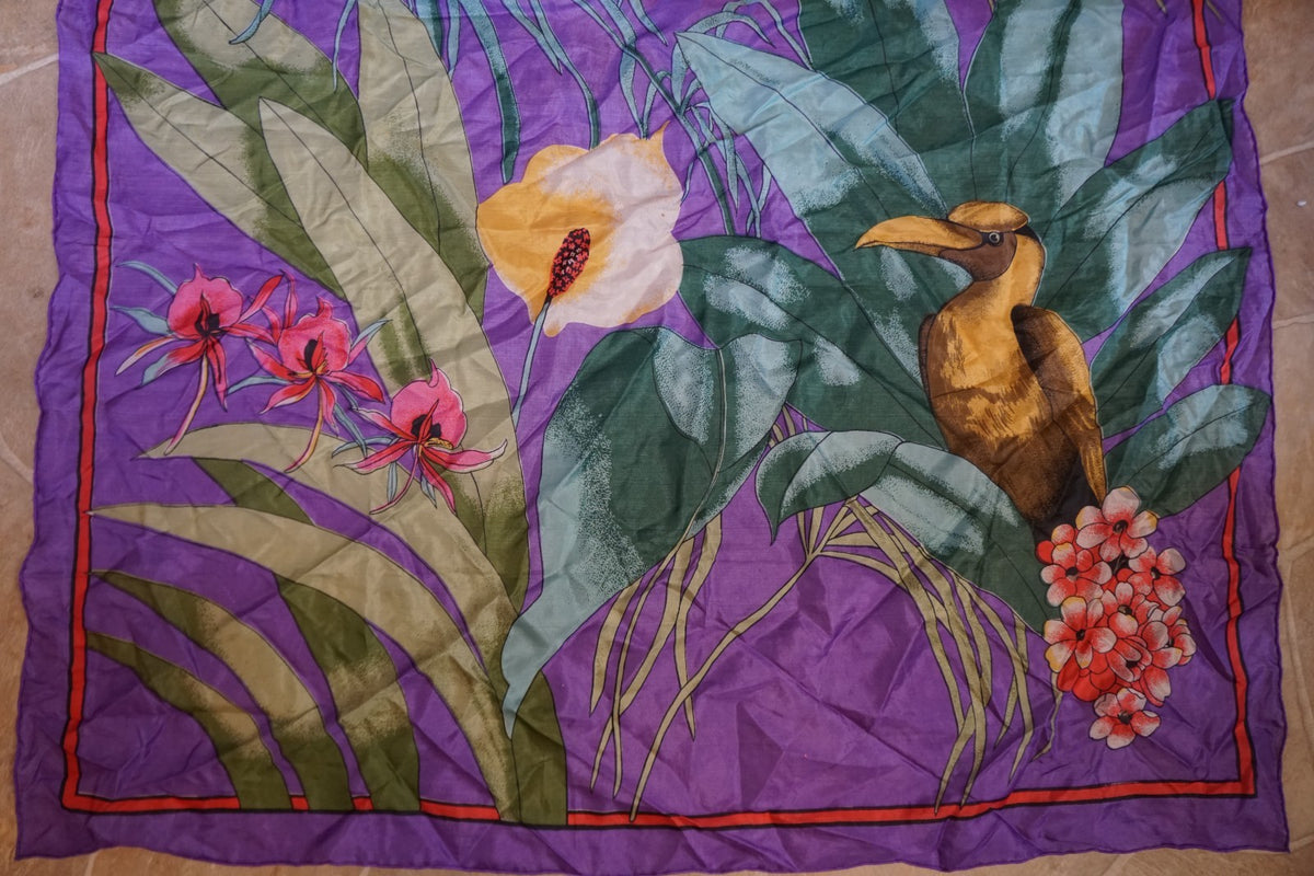 Unsigned Kalvin Klem Tropical Birds Flowers Purple Silk Scarf 1980s