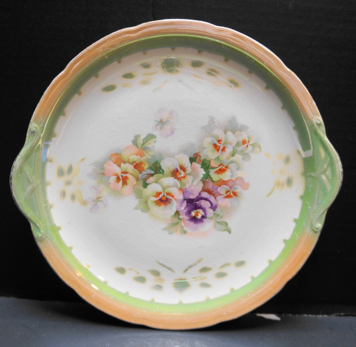 Lustreware Trim Pansy Pansies Decal Decorated Tab Handled Cake Plate