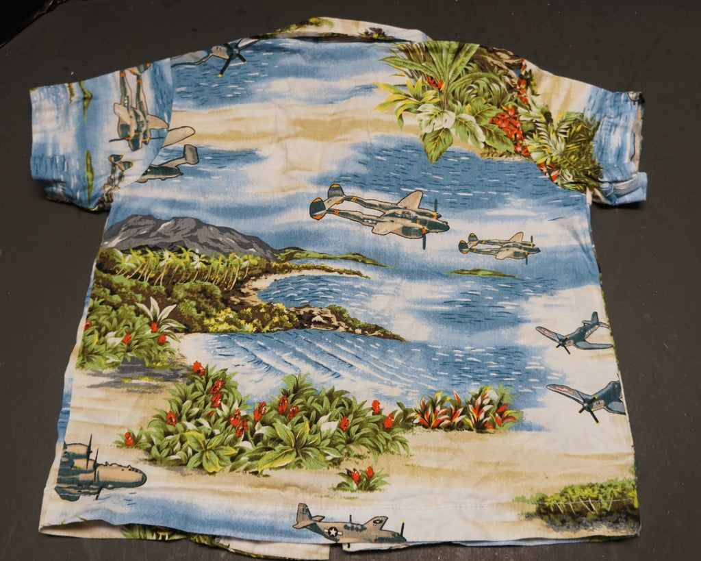 Vintage RJC Hawaiian Aloha Shirt 2T WWII Airplanes Beach Scene