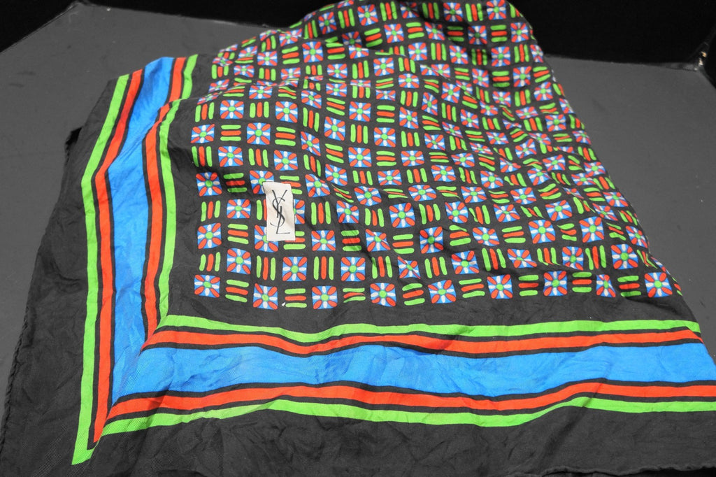 YSL Yves Saint Laurent 1980s Geometric Silk Scarf Black Blue Green Red