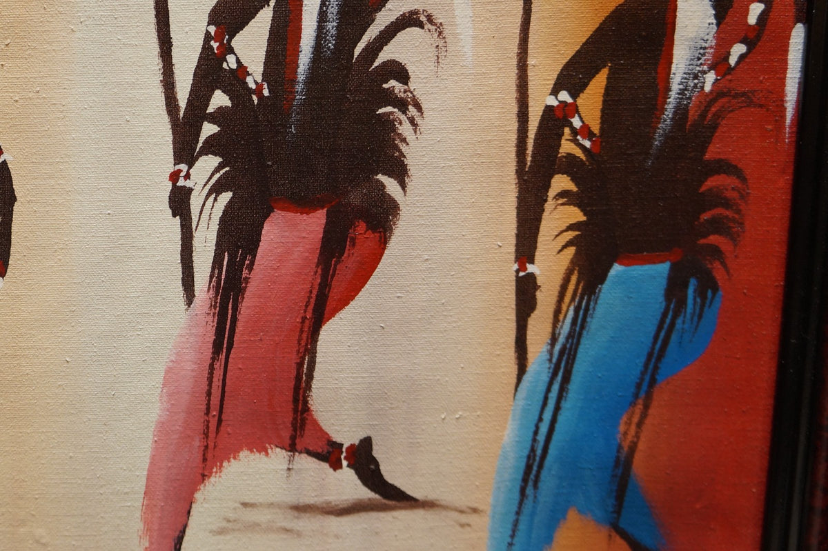 African or Haitian Original Oil Painting Signed P Mutua 81 Warriors Dancing 18 x