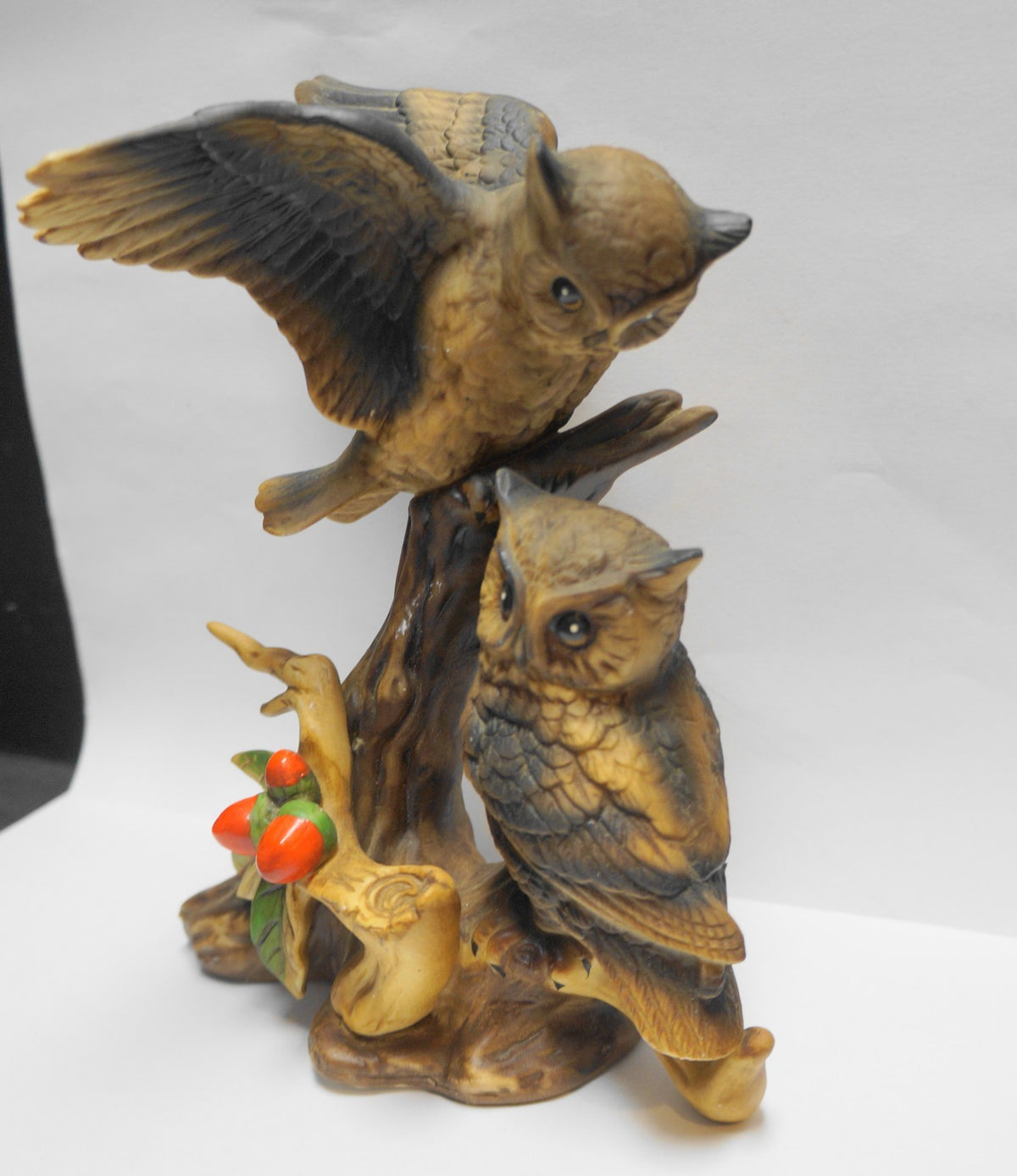 Brown Owls Porcelain Figurine Hand Painted Red Berries