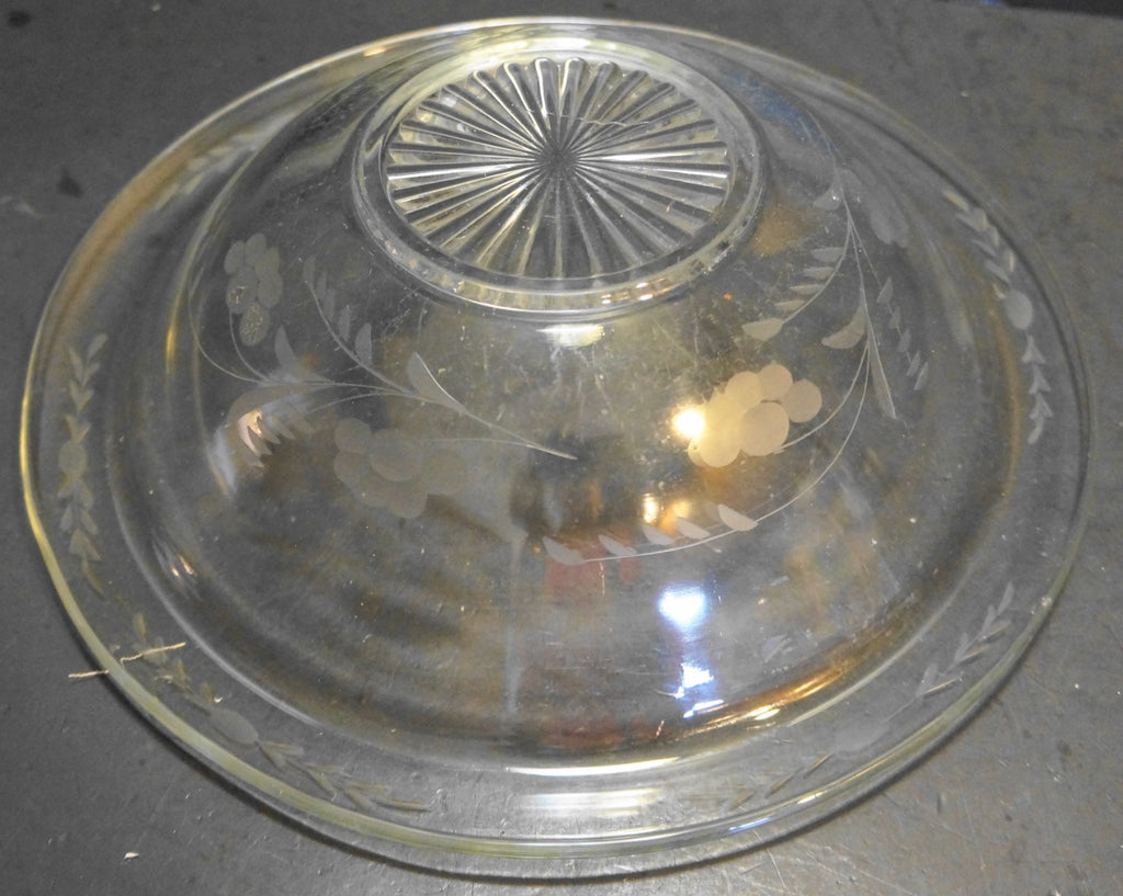 Clear Rolled Rim Gray Floral Cut Depression Glass Serving Bowl