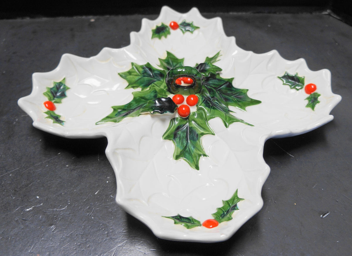 Lefton White Holly Berry 4 Part Relish Tray Center Handle
