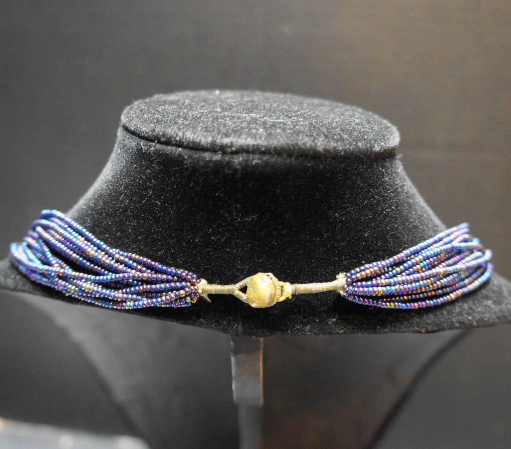 Peacock Midnight Blue Iridescent Seed Beads Multristrand Necklace India Pakistan