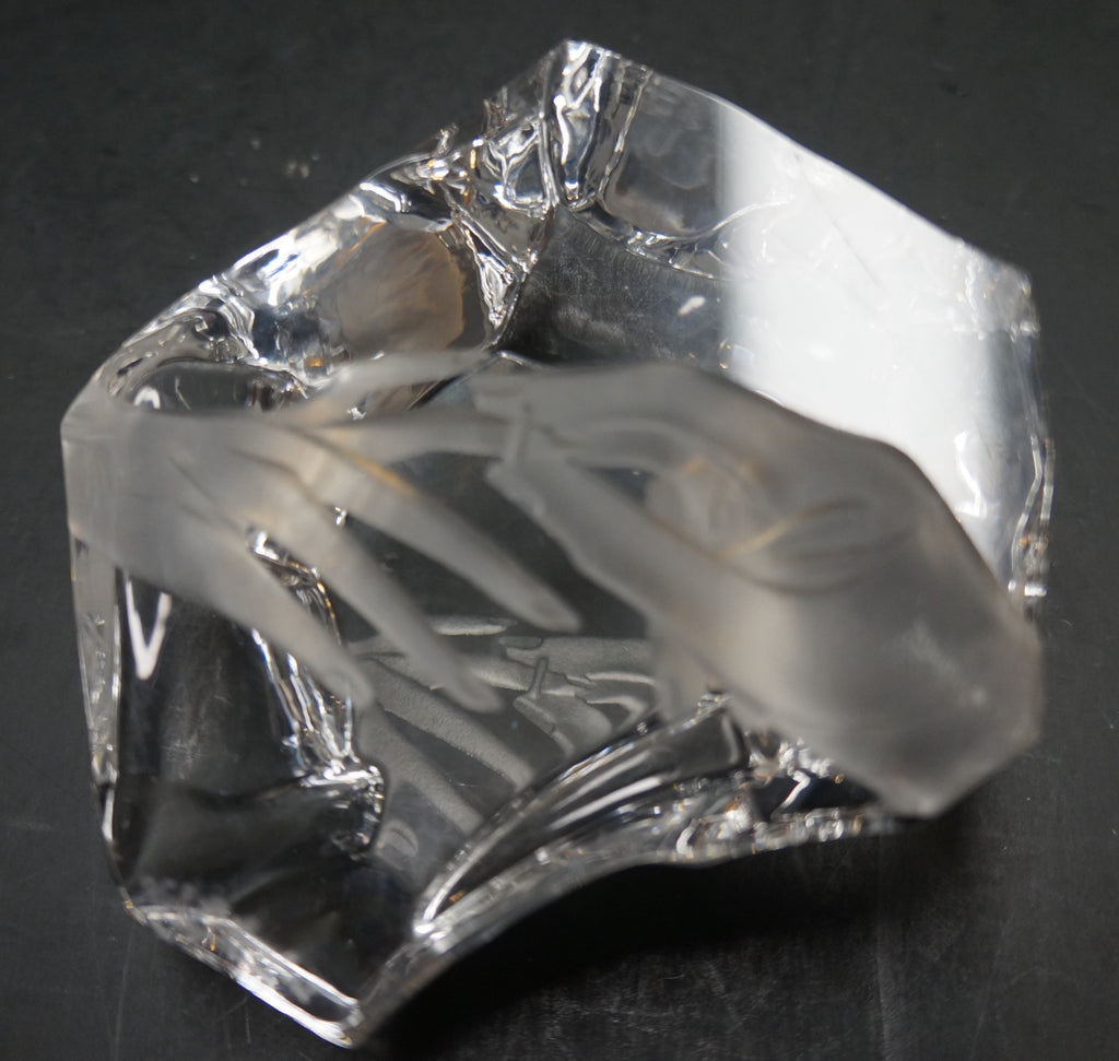 Val St Lambert Crystal Rock Paperweight Cut Hands Wedding Ring Frosted