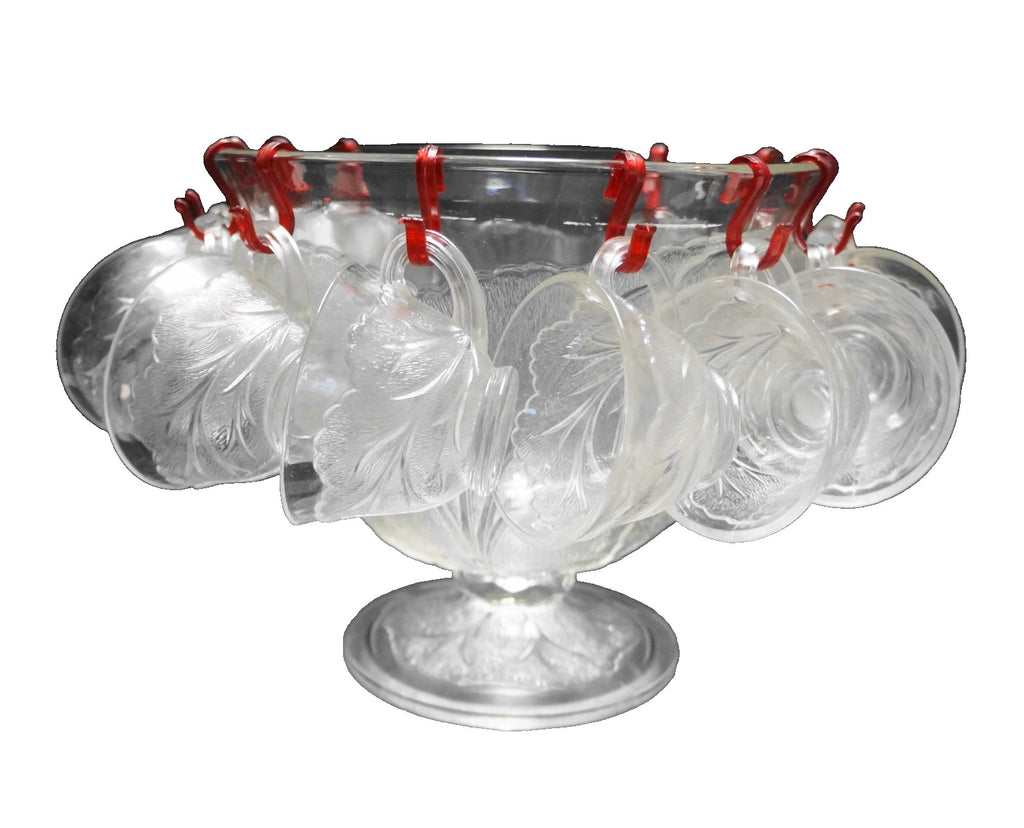 Indiana Glass Pebble Leaf Clear Glass Punch Set Footed Bowl 12 Cups
