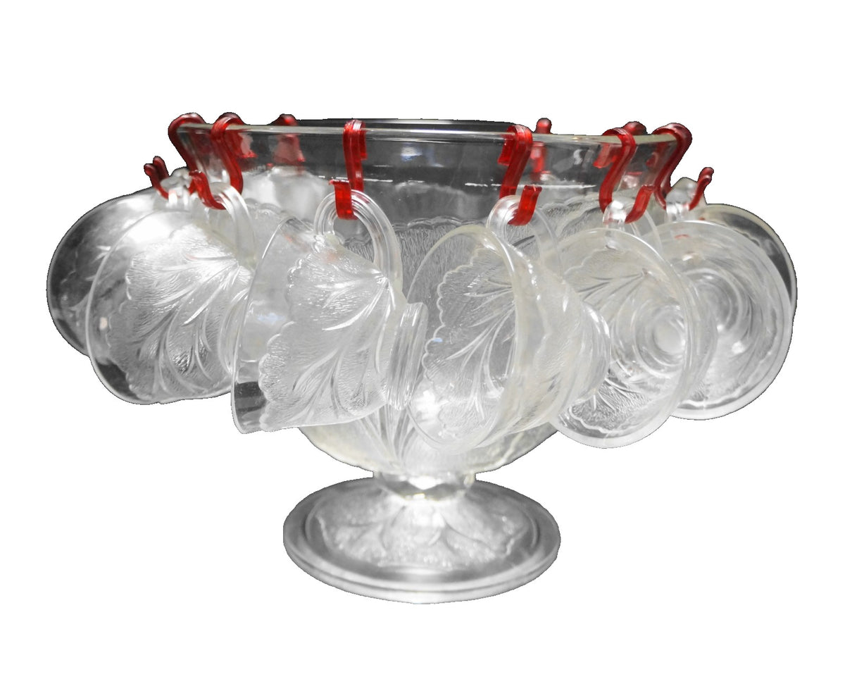 Indiana Glass Pebble Leaf Clear Glass Punch Set Footed Bowl 12 Cups