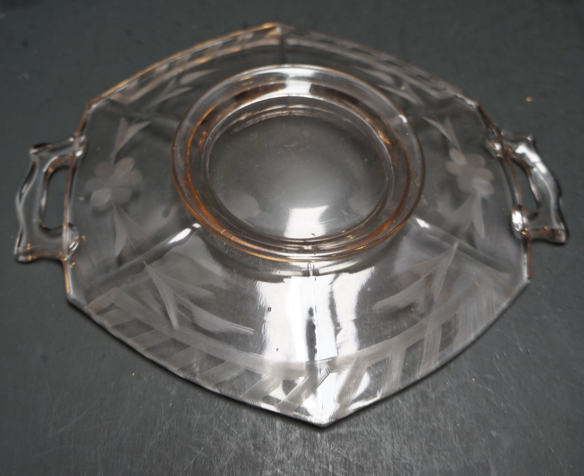 Pink Depression Glass Small Handled Plate Cut Floral Design