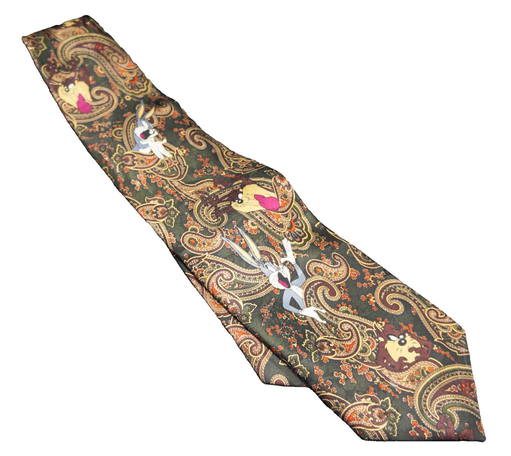 Looney Tunes Mania Dark Green Paisley Tie Bugs Bunny Taz Needs Repair