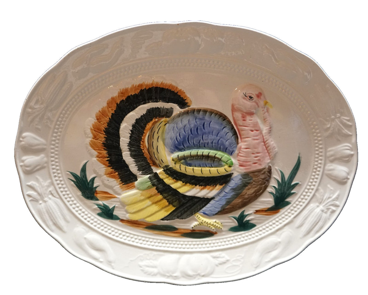 Hand Painted Embossed Turkey Platter Japan 18 1/2 x 14