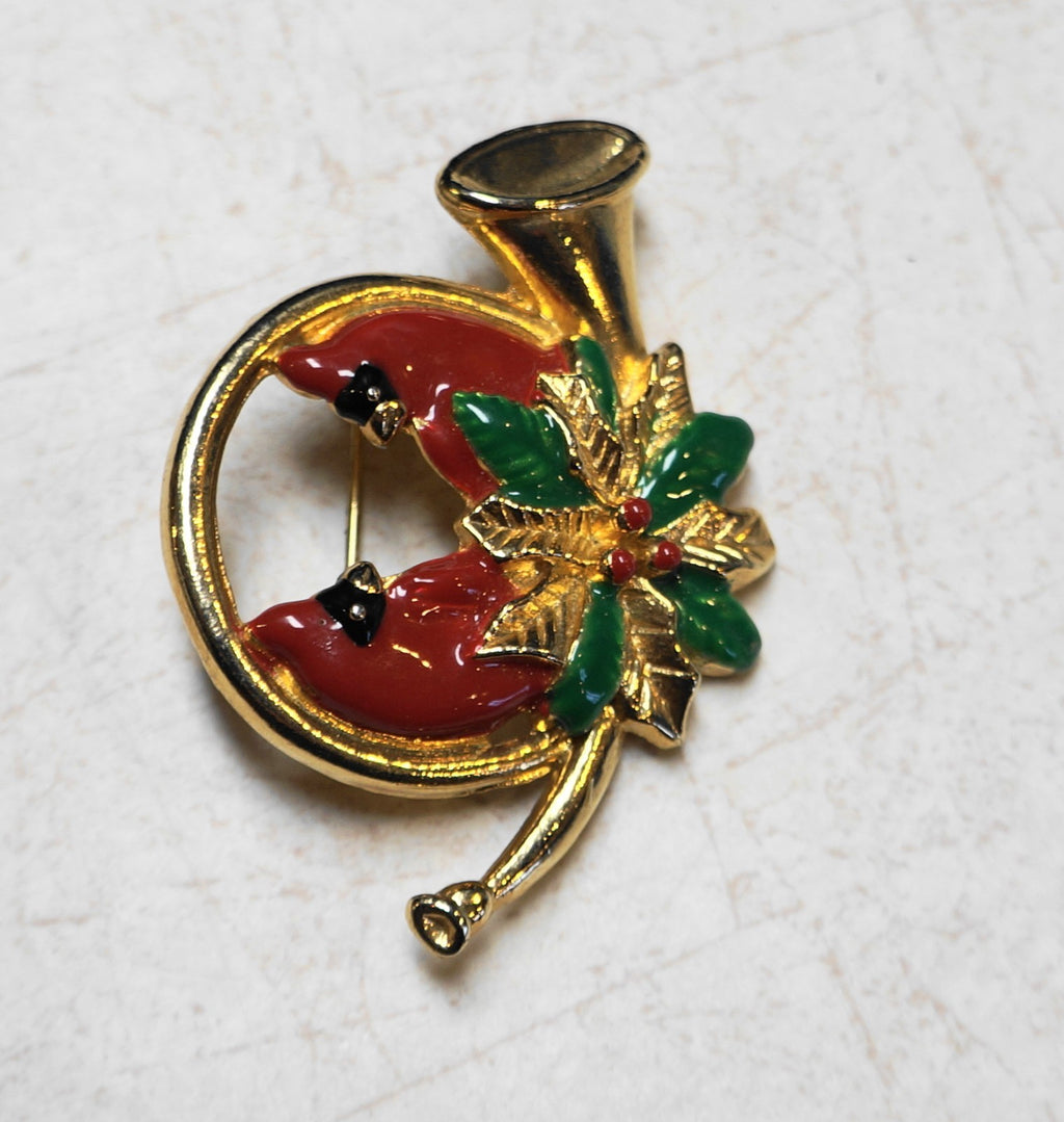French Horn Christmas Pin Gold Tone Red Enamel Cardinals Poinsettia