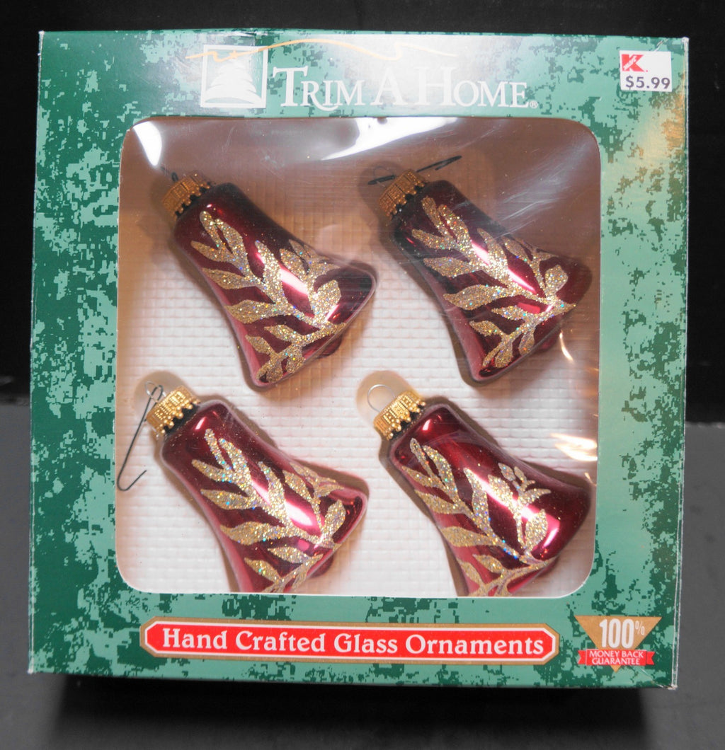Deep Red Glass Bell Ornaments Gold Glitter Hand Decorated Set of 4