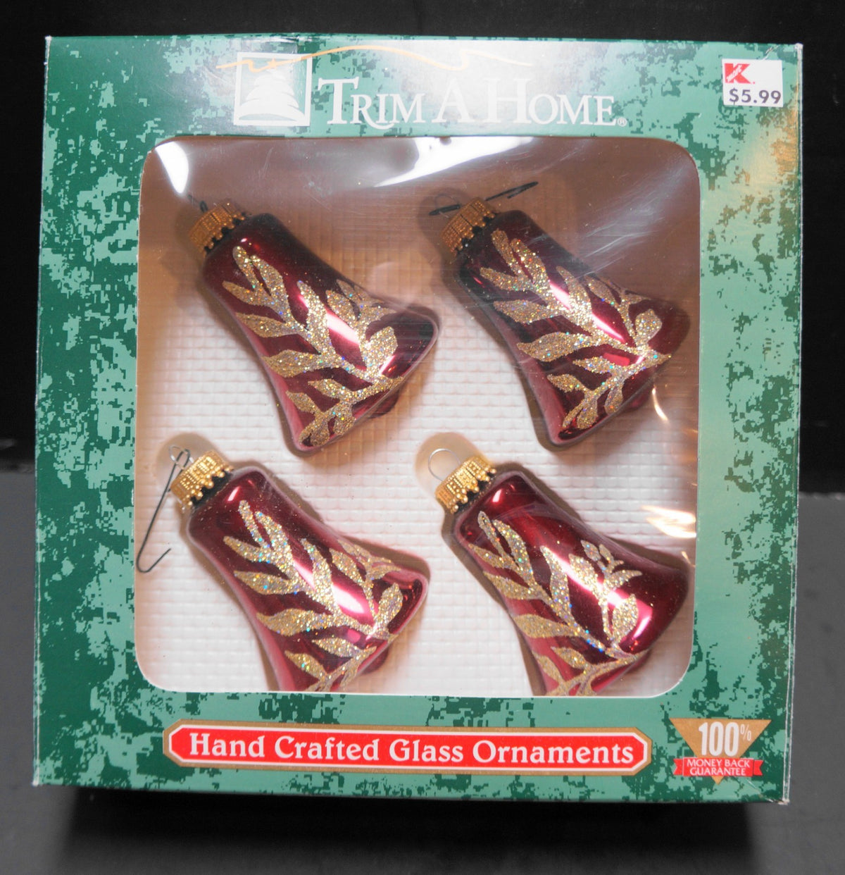 Deep Red Glass Bell Ornaments Gold Glitter Hand Decorated Set of 4