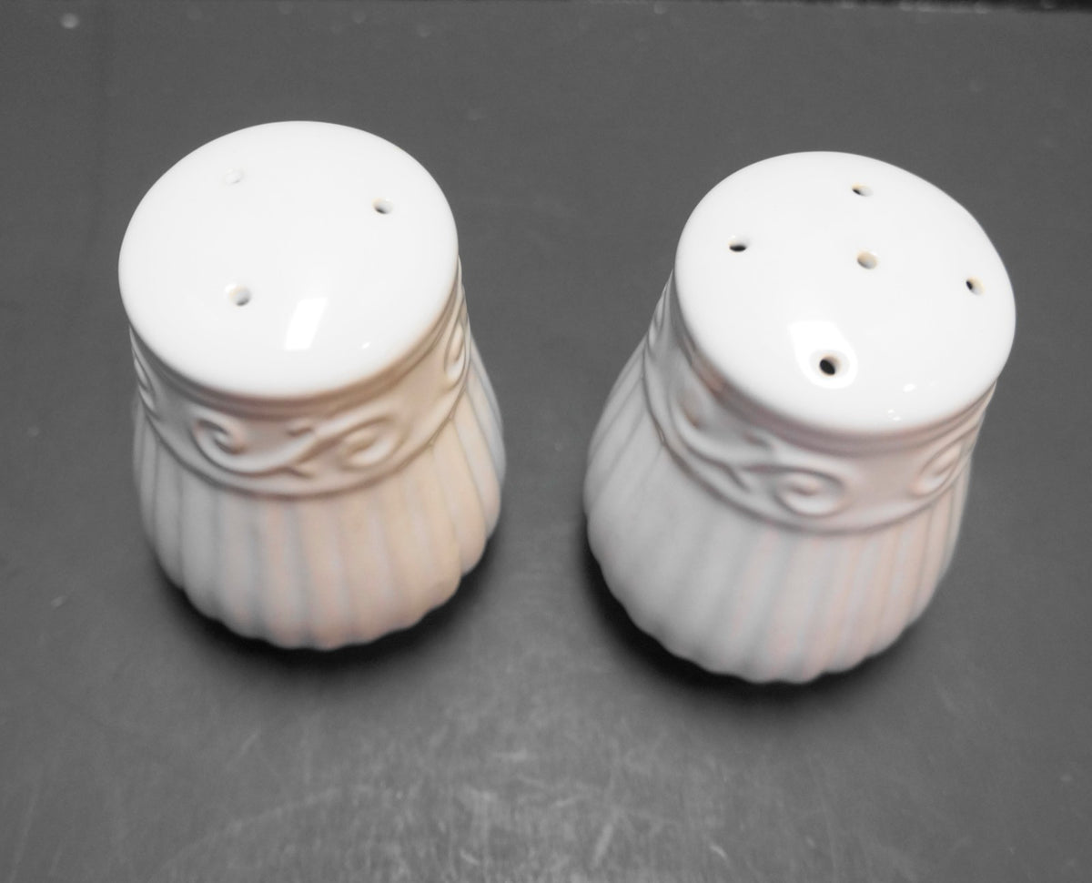 Gibson Claremont White Embossed Scrolls Columns Ribs Salt Pepper Shakers