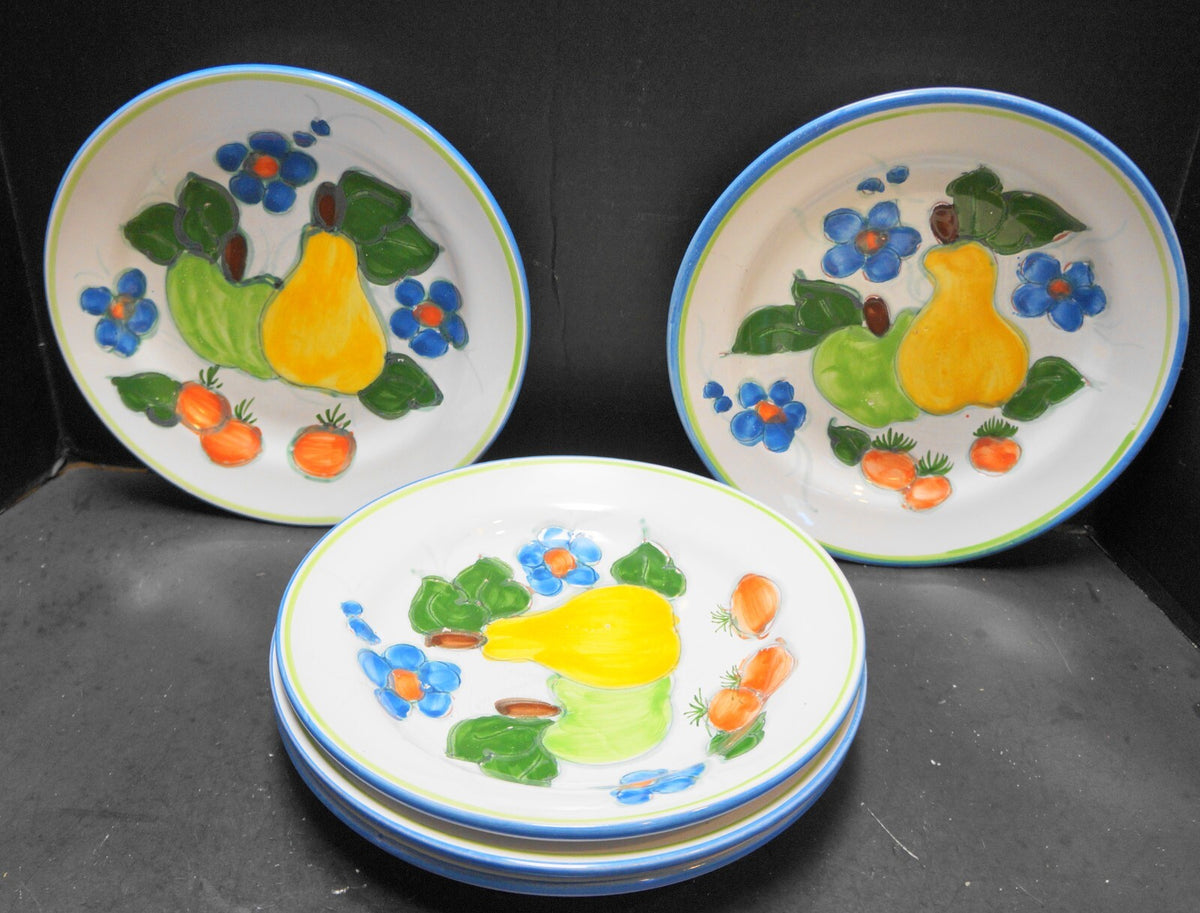 Himark Portugal Hand Painted Fruit Flowers Dinner Plates Terra Cotta