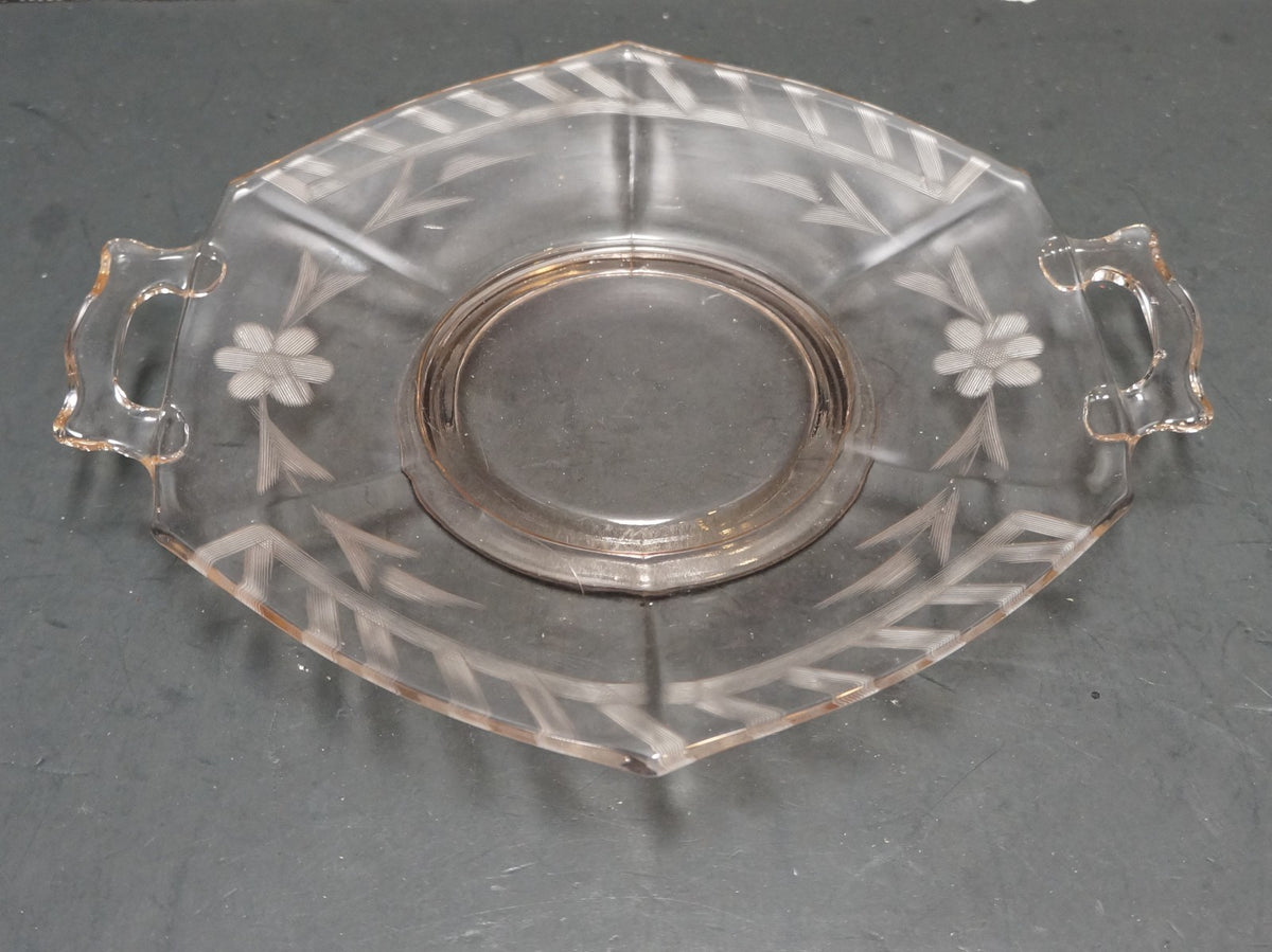 Pink Depression Glass Small Handled Plate Cut Floral Design