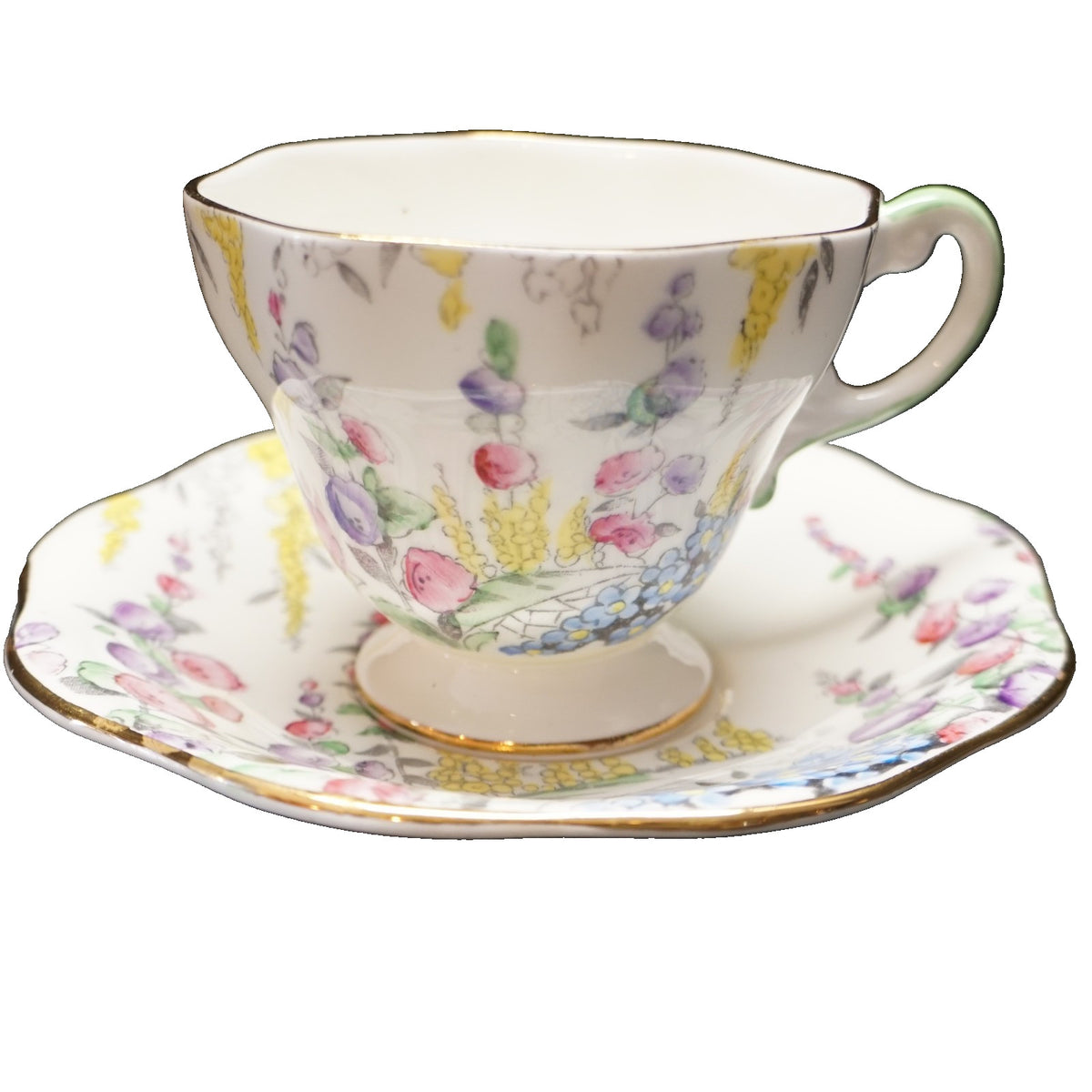Foley Hand Painted Hollyhocks Garden Path Cup Saucer Bone China England