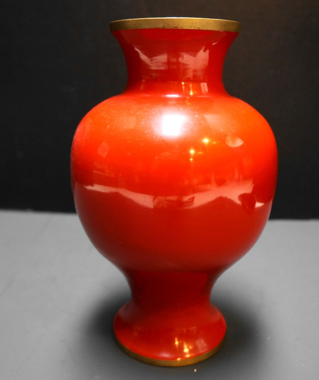 Red Enamel Over Brass Mother of Pearl Abalone Inlay Flower Vase Korea