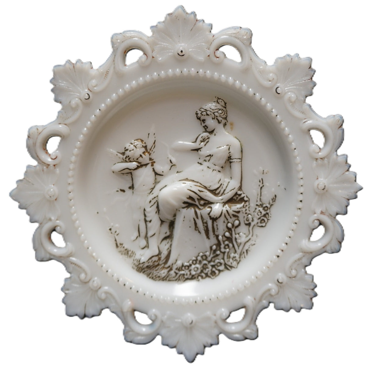 Westmoreland Milk Glass Cupid & Psyche Embossed Lace Reticulated Edge Plate