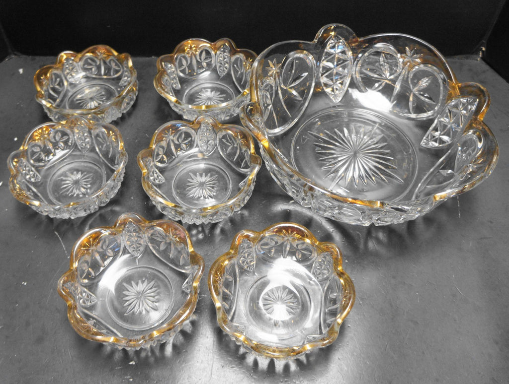 New Martinsville Leaf and Star Berry Bowl Set 7 Pieces EAPG