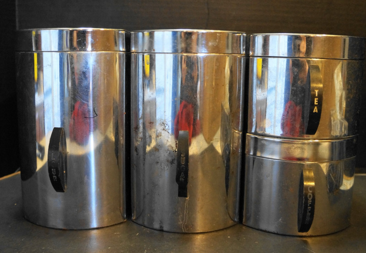 Kromex Chrome Kitchen Canister Set Midcentury Flour Sugar Coffee Tea