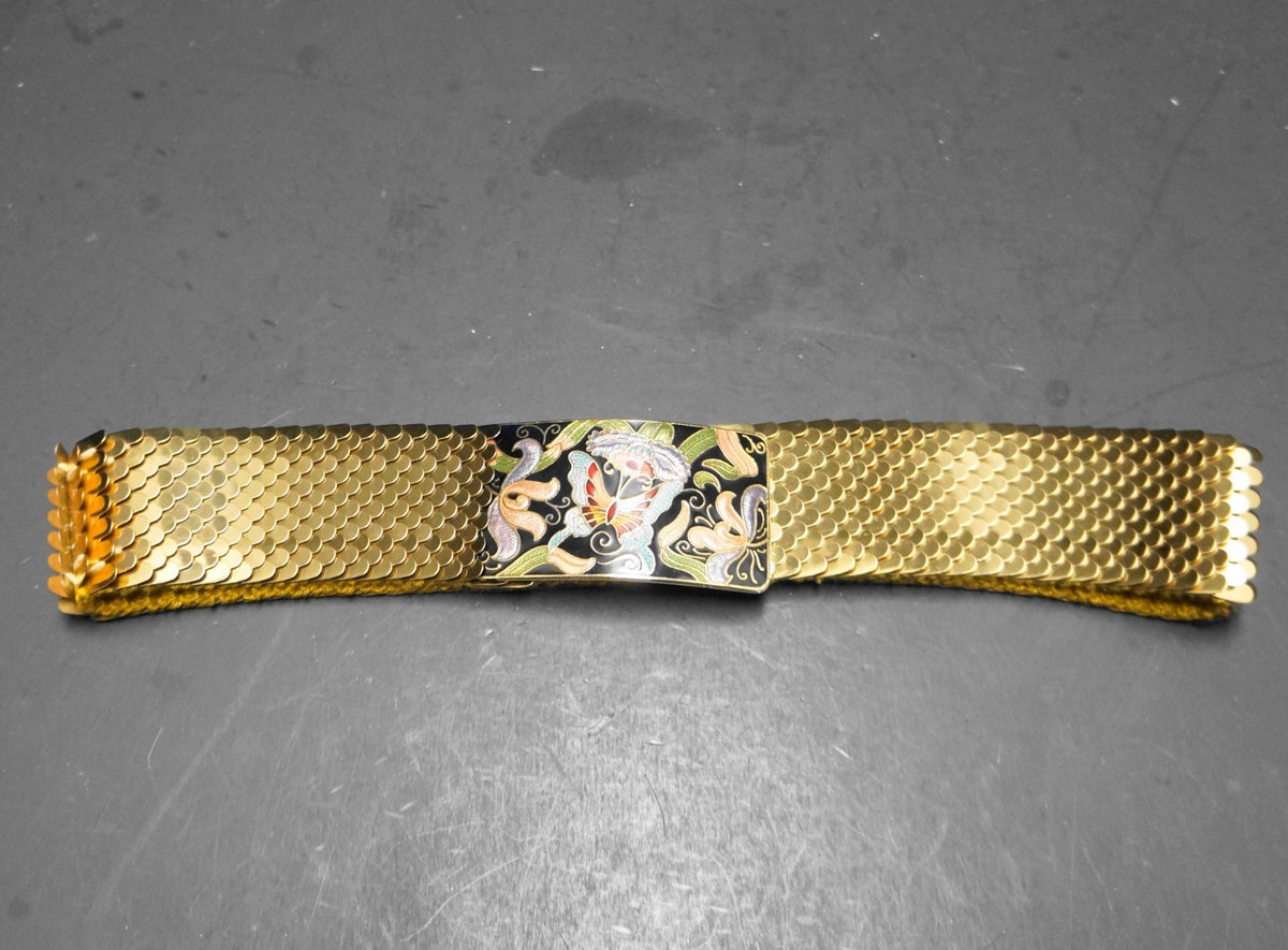 Cloisonne Buckle Butterfly Lotus Gold Tone Scale Stretch Belt 1980s Women 26 IN