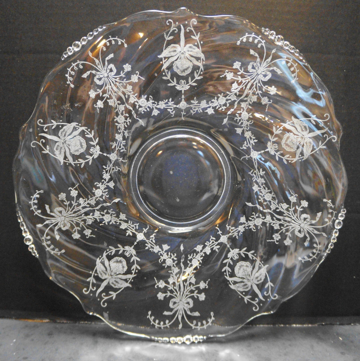 Heisey Orchid Etch Waverly Blank Swirl Scalloped Sandwich Torte Platter Tray