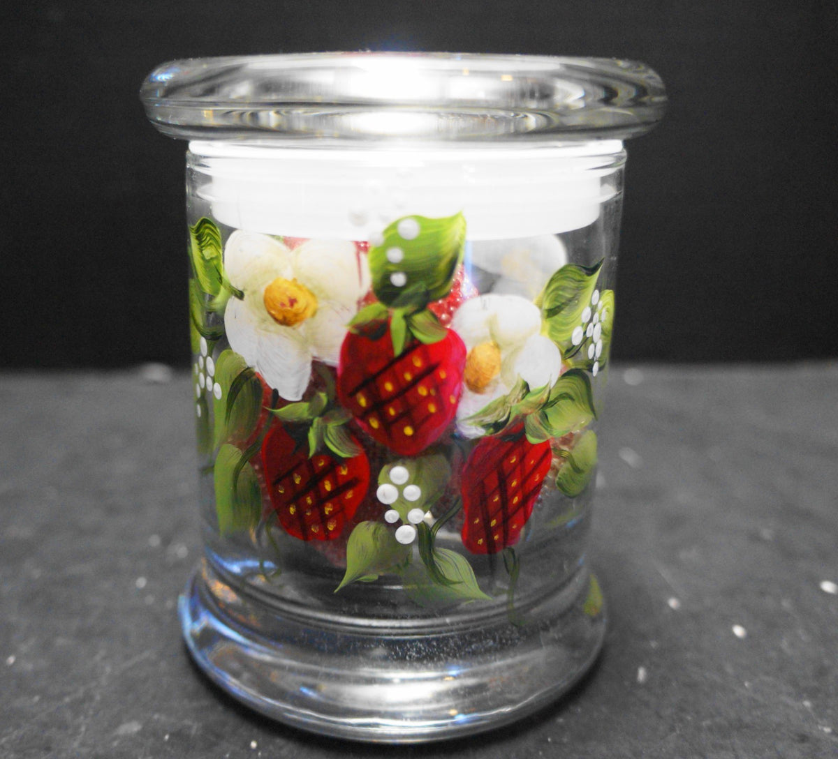 Strawberries Flowers Leaves Hand Painted Clear Glass Jar