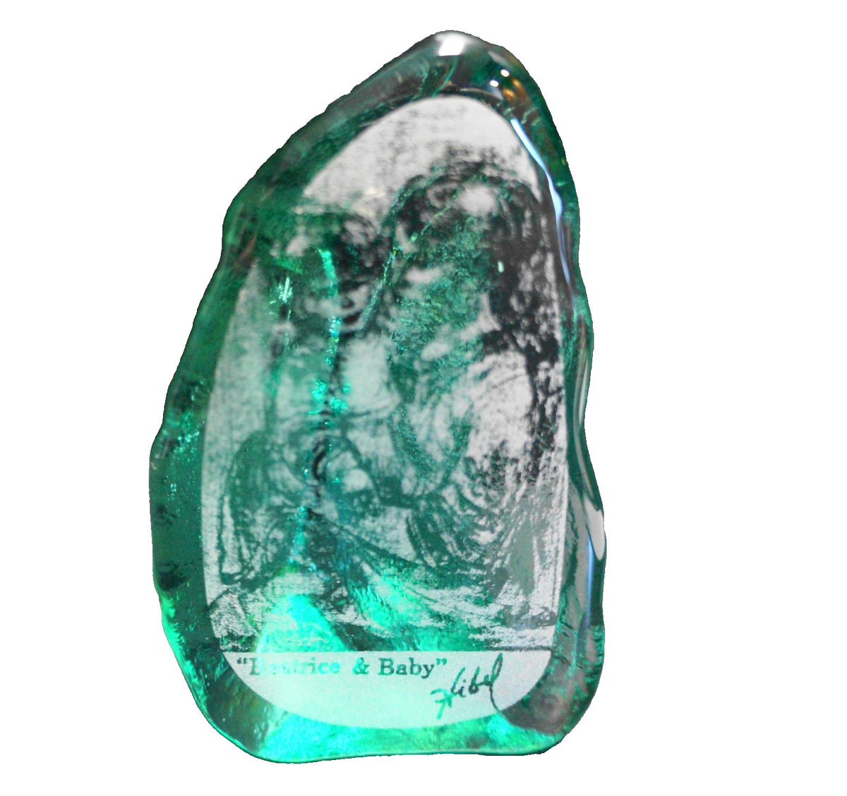 Edna Hibel Breatrice & Baby Frosted Green Glass Paperweight