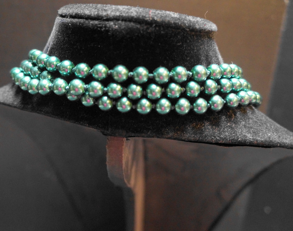 Dark Green Flapper Length 100 IN Single Strand Faux Pearls Necklace Hand Knotted