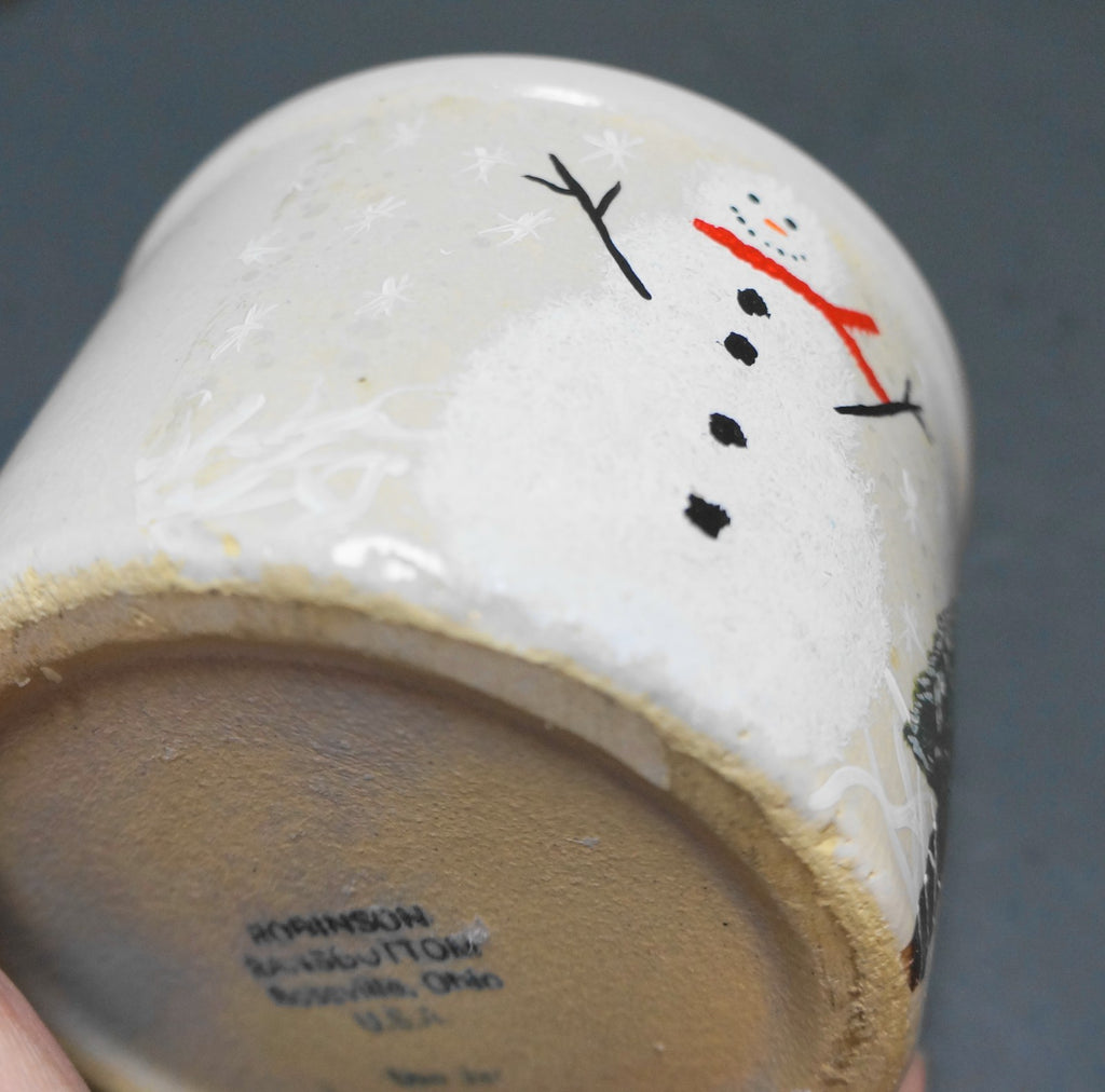 Robinson Ransbottom 1 Pint Low Jar Crock Hand Painted Snowman