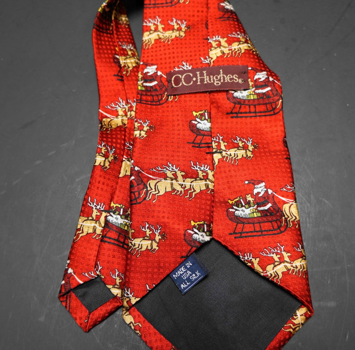 CC Hughes Red Silk Tie Christmas Santa Sleigh Reindeer