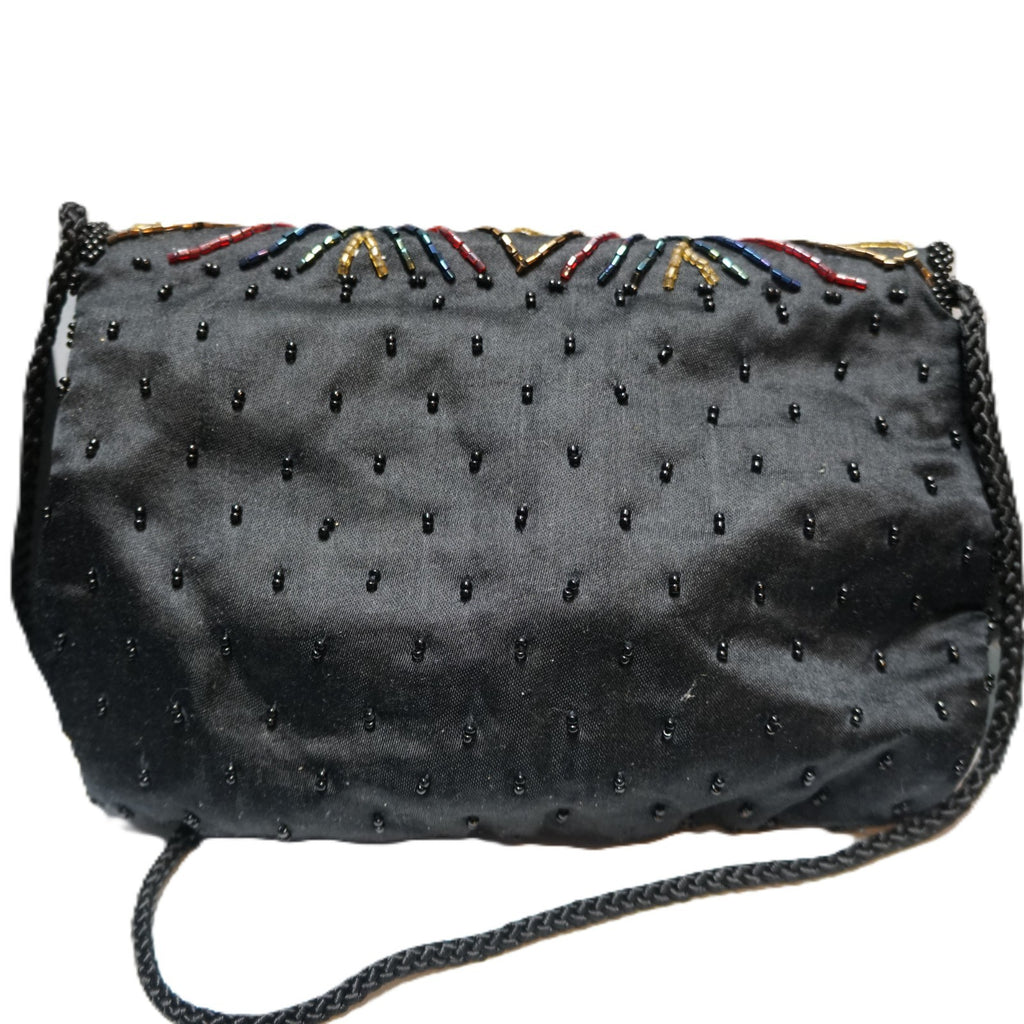 Black Satin Beaded Lotus Flowers Evening Bag Purse